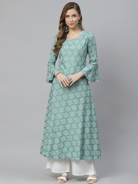 

Aasiya Women Green & White Ethnic Motifs Printed Bell Sleeves Anarkali Kurta