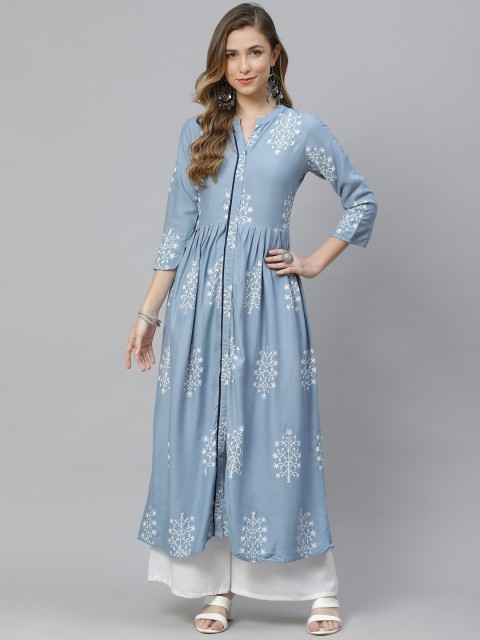 

Aasiya Women Blue & White Floral Printed A-Line Kurta
