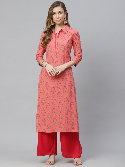 

Aasiya Women Pink & Gold-Toned Floral Printed Shirt Collar Straight Kurta