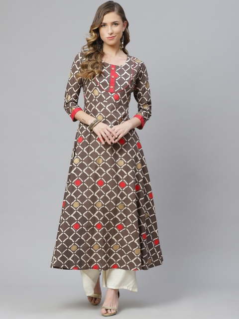 

Aasiya Women Brown & White Geometric Printed A-Line Kurta