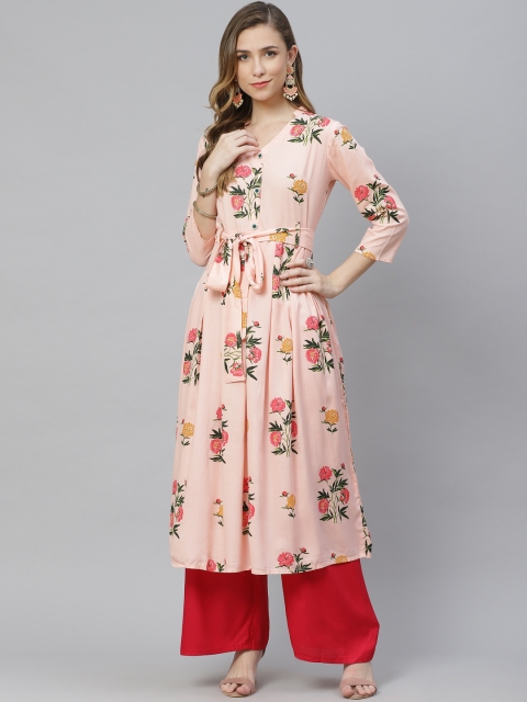 

Aasiya Women Peach-Coloured & Green Floral Printed A-Line Kurta