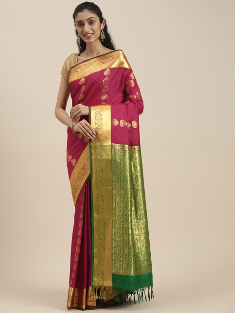 

Thara Sarees Pink & Green Ethnic Motifs Zari Art Silk Kanjeevaram Saree