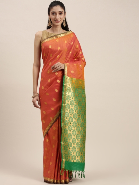 

Thara Sarees Orange & Green Ethnic Motifs Zari Art Silk Kanjeevaram Saree