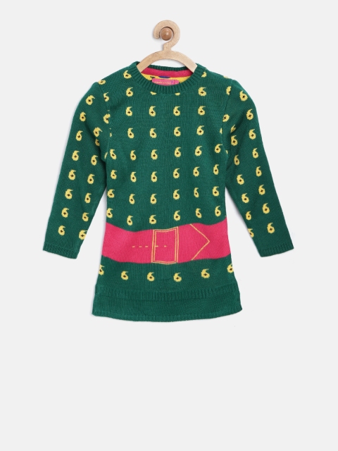 

American Eye Girls Green Patterned Longline Sweater, Multi