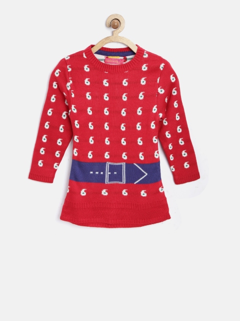 

American Eye Girls Red Patterned Longline Sweater, Multi