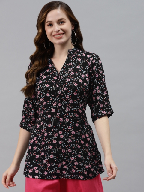 

Ayaany Black Floral Mandarin Collar Regular Top