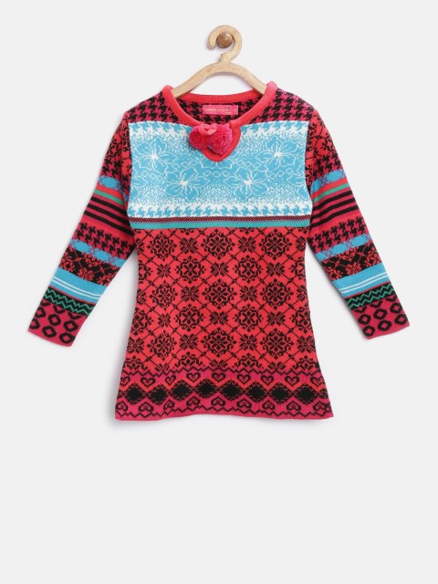 

American Eye Girls Coral Red Patterned Longline Sweater, Multi