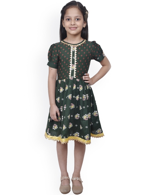 

ruviero Girls Olive Green Ethnic Motifs Dress