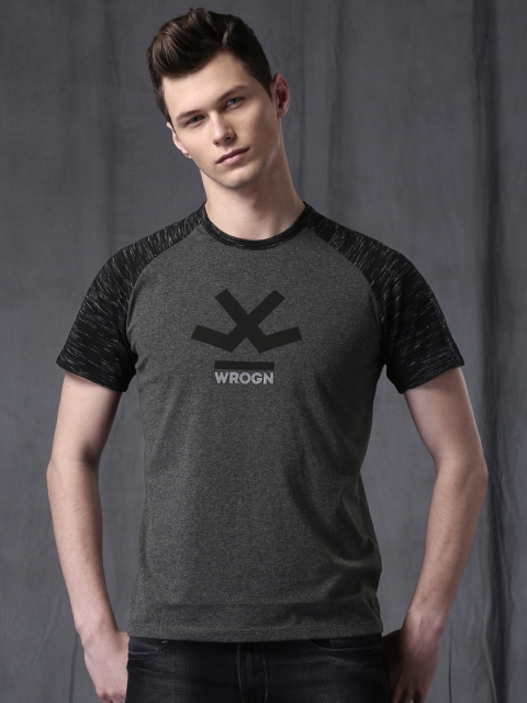 

WROGN Men Charcoal Grey & Black Printed Round Neck T-Shirt