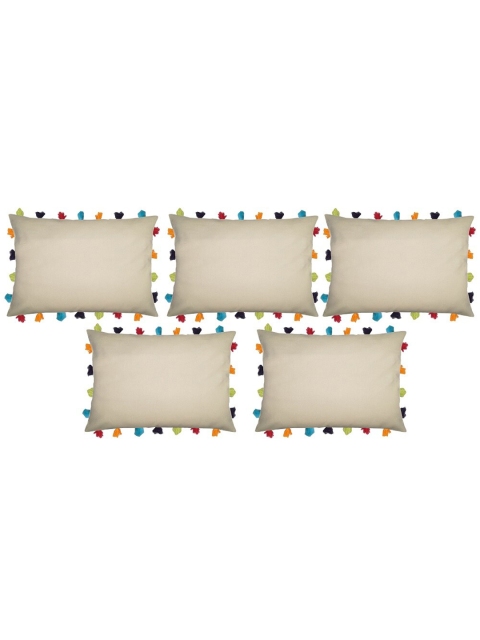 

Lushomes Off White & Blue Set of 5 Rectangle Cushion Covers with Tassels