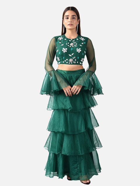 

ATTIC SALT Green Floral Georgette Tiered Top