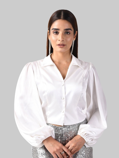

ATTIC SALT White Shirt Style Satin Crop Top