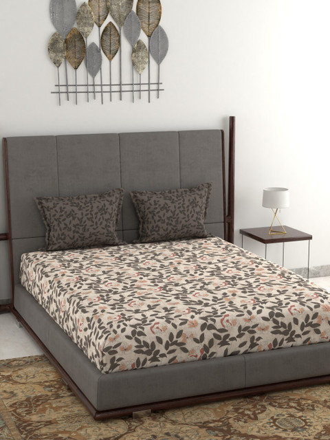 

Trident Grey & Cream-Coloured Floral 130 TC Pure Cotton Queen Bedsheet & 2 Pillow Covers