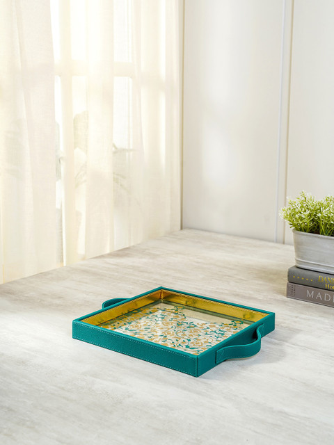 

Pure Home and Living Teal & Yellow Printed Square Glass Tray