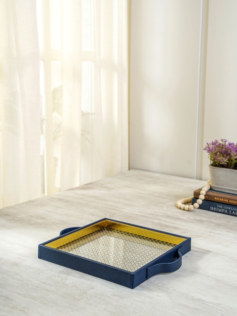 

Pure Home and Living Unisex Blue & Yellow Printed Square Glass Tray