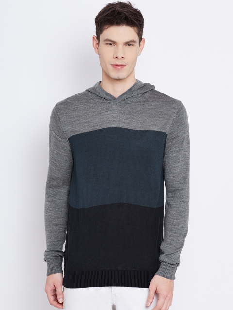 

NU ECO Men Blue & Grey Melange Colourblocked Hooded Sweater