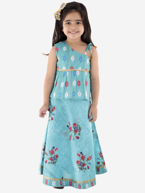 

Superminis Girls Sea Green & Red Printed Ikat Ready to Wear Lehenga & Choli