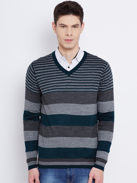 

NU ECO Men Grey Melange & Teal Green Striped Sweater