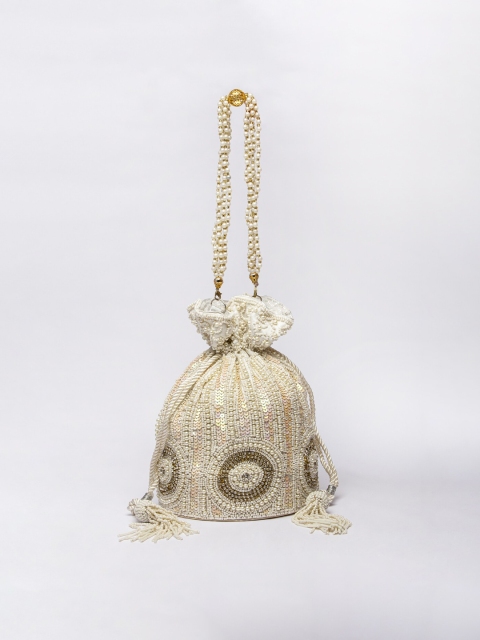 

ARTFLYCK White & Gold-Toned Embellished Embroidered Potli Clutch