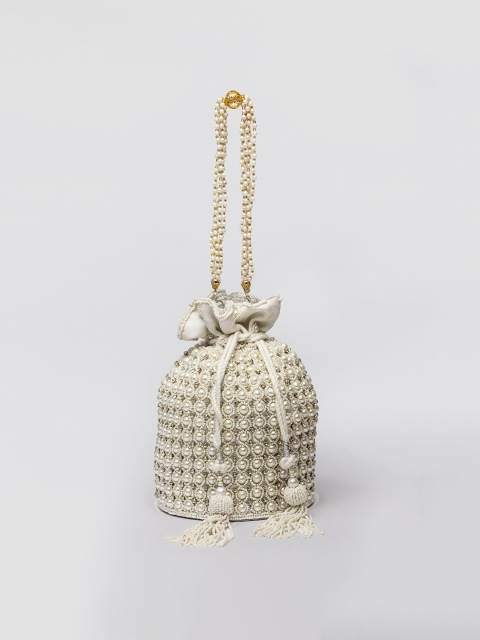 

ARTFLYCK White & Gold-Toned Embellished Potli Clutch