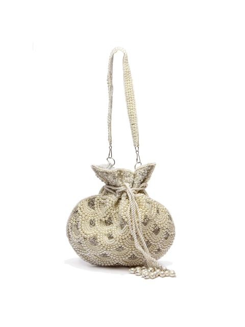 

ARTFLYCK White & Gold-Toned Pearl Embellished Wedding Potli Clutch