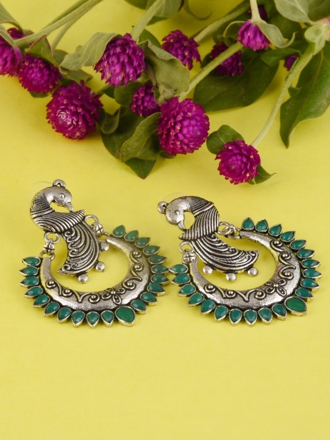 

FIROZA Silver-Toned & Green Peacock Shaped Chandbalis Earrings