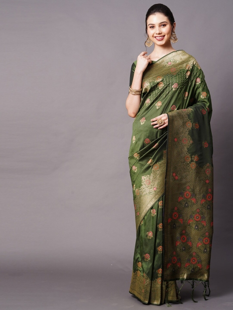 

Mitera Green & Gold-Toned Woven Design Zari Silk Blend Banarasi Saree