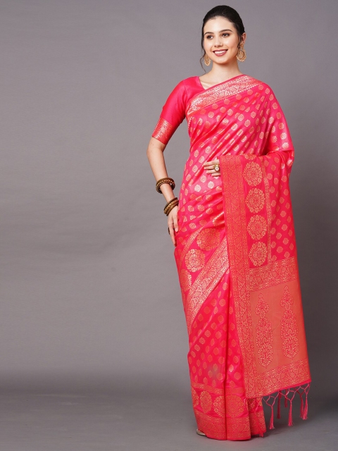 

Mitera Pink & Gold-Toned Woven Design Silk Blend Banarasi Saree