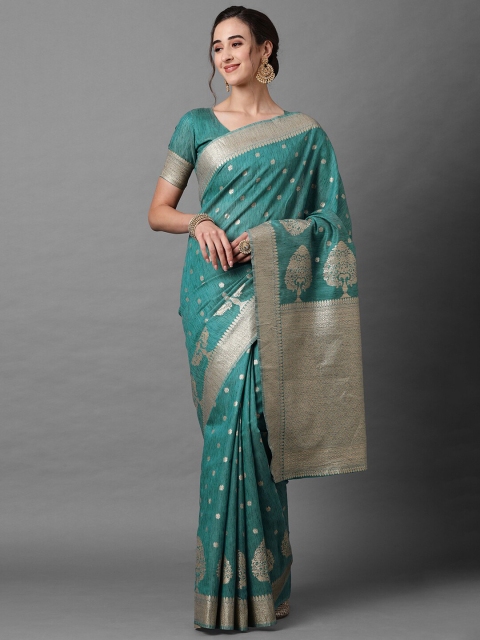 

Mitera Teal & Silver-Toned Woven Design Zari Silk Blend Banarasi Saree