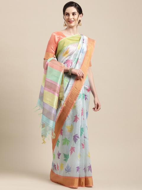 

Mitera Blue & Orange Floral Printed Silk Cotton Saree