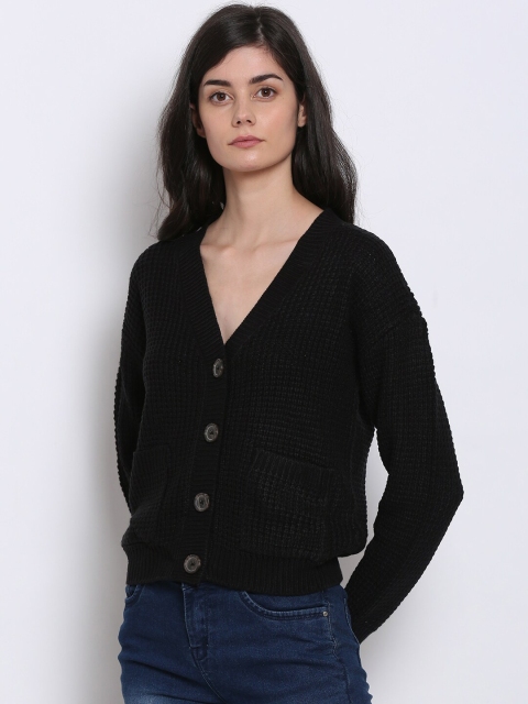 

NoBarr Women Black Ribbed Acrylic Cardigan Sweater