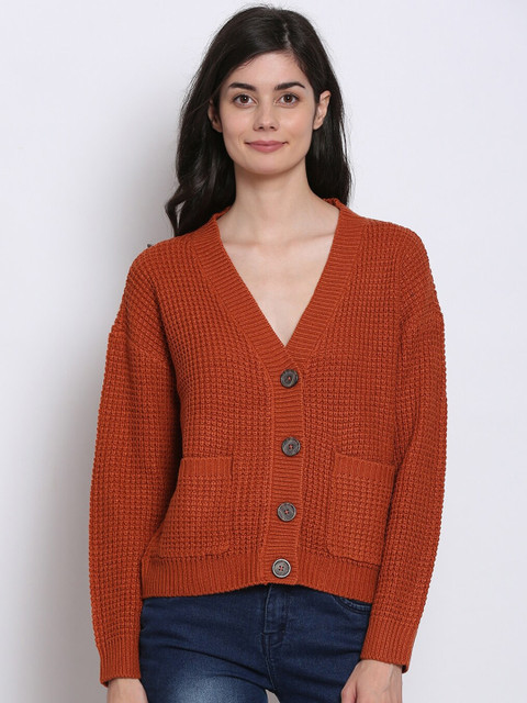 

NoBarr Women Rust Brown Open Knit Acrylic Cardigan Sweater