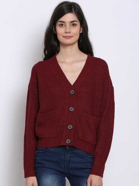 

NoBarr Women Maroon Ribbed Acrylic Cardigan