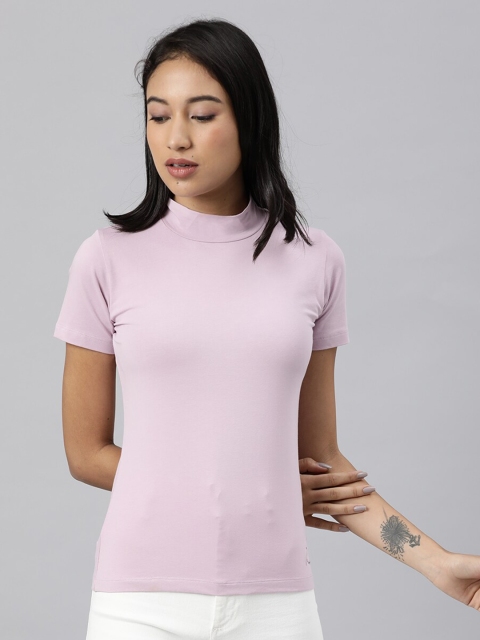 

RAREISM Women Pink High Neck Slim Fit T-shirt