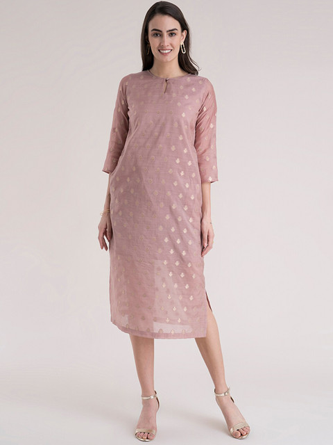 

FableStreet Pink & Gold-Toned Ethnic Motifs Keyhole Printed Neck A-Line Midi Dress