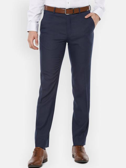 

Van Heusen Men Navy Blue Textured Slim Fit Formal Trousers
