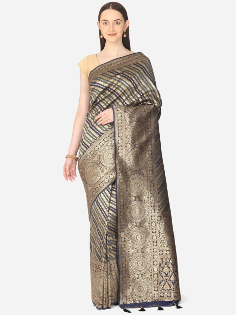 

BOMBAY SELECTIONS Navy Blue & Gold-Toned Striped Art Silk Banarasi Saree