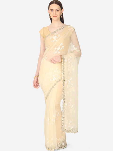 

BOMBAY SELECTIONS Off White & White Floral Embroidered Tissue Tussar Saree
