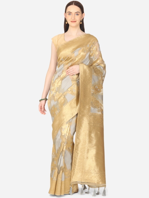 

BOMBAY SELECTIONS Grey & Gold-Toned Woven Design Zari Organza Banarasi Saree