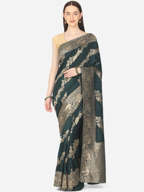 

BOMBAY SELECTIONS Teal & Gold-Coloured Ethnic Motifs Zari Satin Banarasi Saree