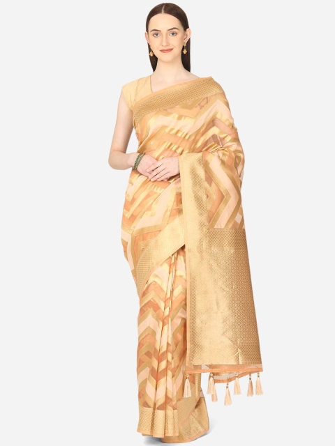 

BOMBAY SELECTIONS Peach-Coloured & Gold-Toned Ethnic Motifs Zari Organza Banarasi Saree