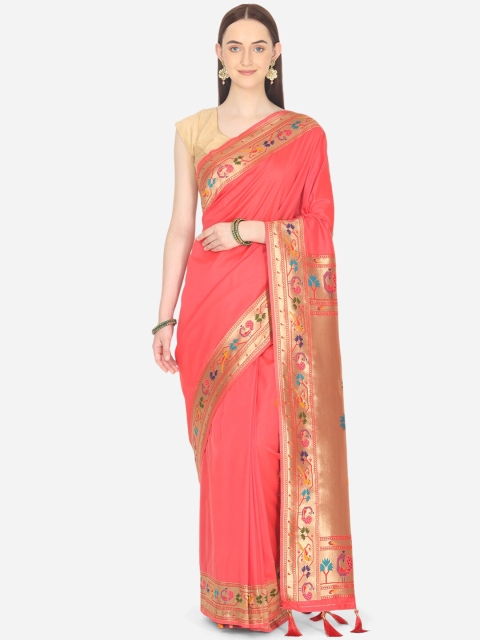 

BOMBAY SELECTIONS Coral & Gold-Toned Ethnic Motifs Zari Art Silk Banarasi Saree