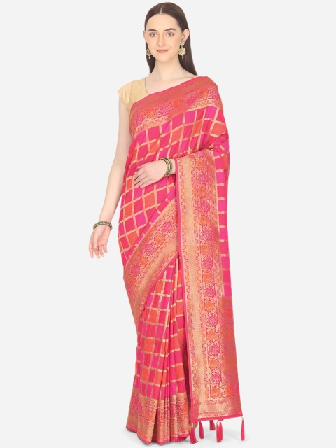 

BOMBAY SELECTIONS Magenta & Gold-Toned Checked Zari Art Silk Banarasi Saree
