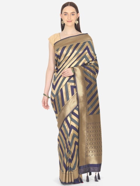 

BOMBAY SELECTIONS Navy Blue & Gold-Coloured Striped Zari Art Silk Banarasi Saree