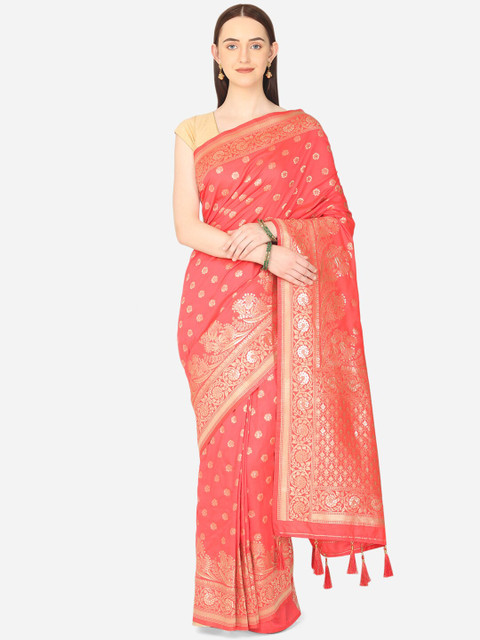 

BOMBAY SELECTIONS Red & Gold-Toned Floral Zari Art Silk Banarasi Saree