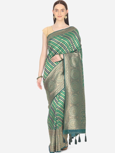 

BOMBAY SELECTIONS Green & Gold-Toned Striped Art Silk Banarasi Saree
