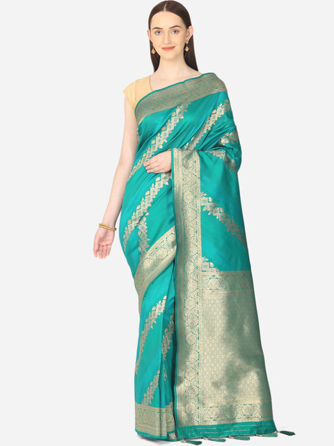 

BOMBAY SELECTIONS Teal Green & Gold-Toned Woven Design Art Silk Banarasi Saree
