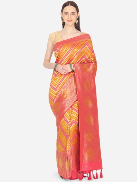 

BOMBAY SELECTIONS Pink & Yellow Striped Art Silk Banarasi Saree