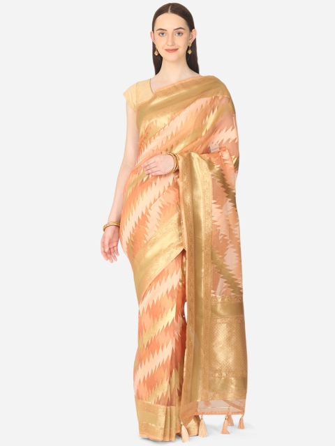 

BOMBAY SELECTIONS Peach-Coloured & Gold-Toned Woven Design Zari Organza Banarasi Saree