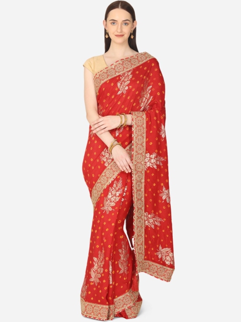 

BOMBAY SELECTIONS Red & Gold-Toned Bandhani Satin Bandhani Saree